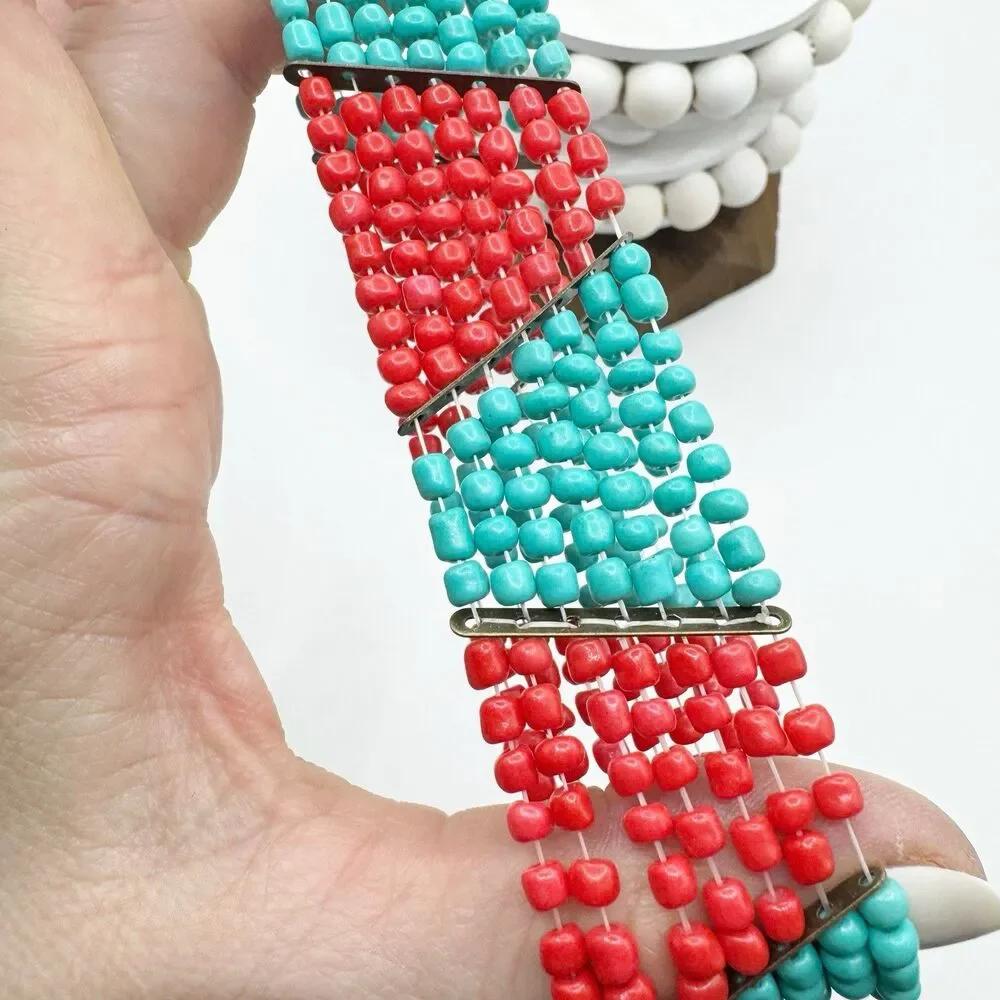 Coral Turquoise Glass Seed Bead Color Block Stretch Bracelet Boho Southwest